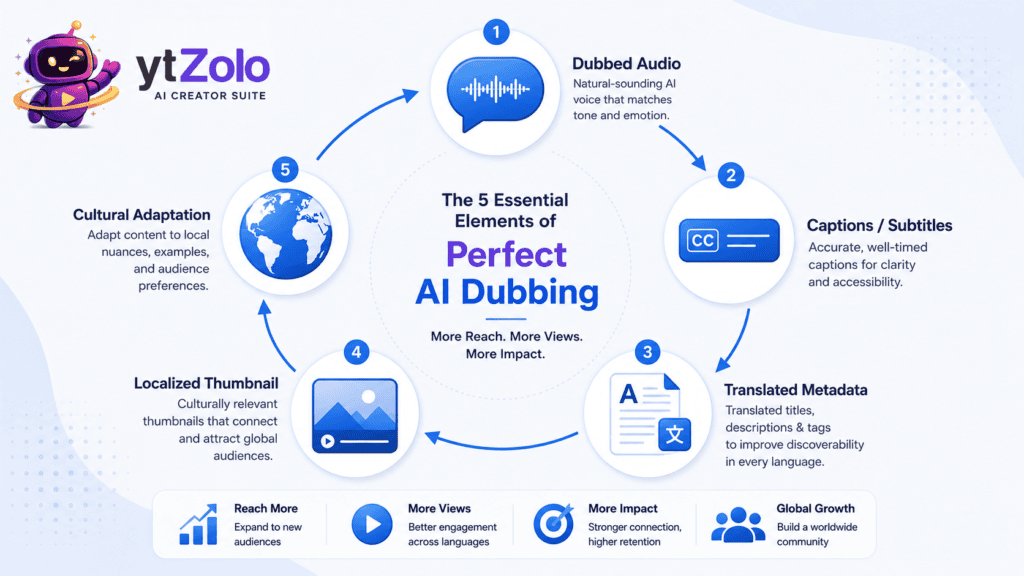 How to Localize YouTube Content for Global Audiences Using AI Dubbing 4 Infographic showing five components of YouTube video localization — audio, captions, metadata, thumbnails, and cultural adaptation.