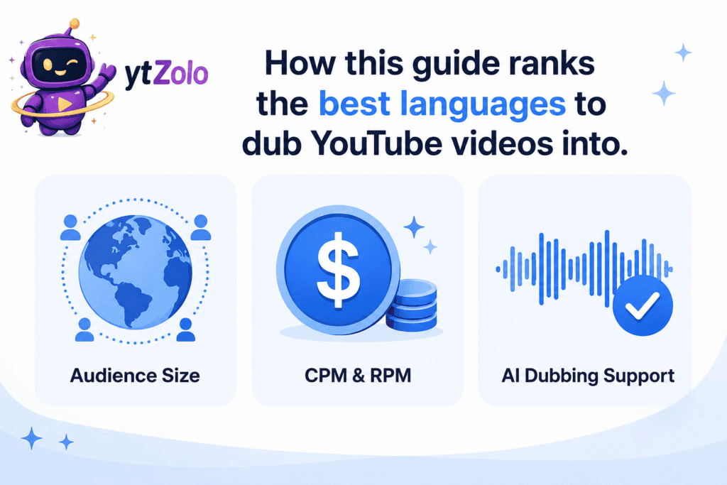 Best Languages to Dub Your YouTube Videos Into (2026 Data-Backed Guide) 1 Infographic showing three ranking factors for best YouTube dubbing languages audience size, CPM, and AI dubbing support.