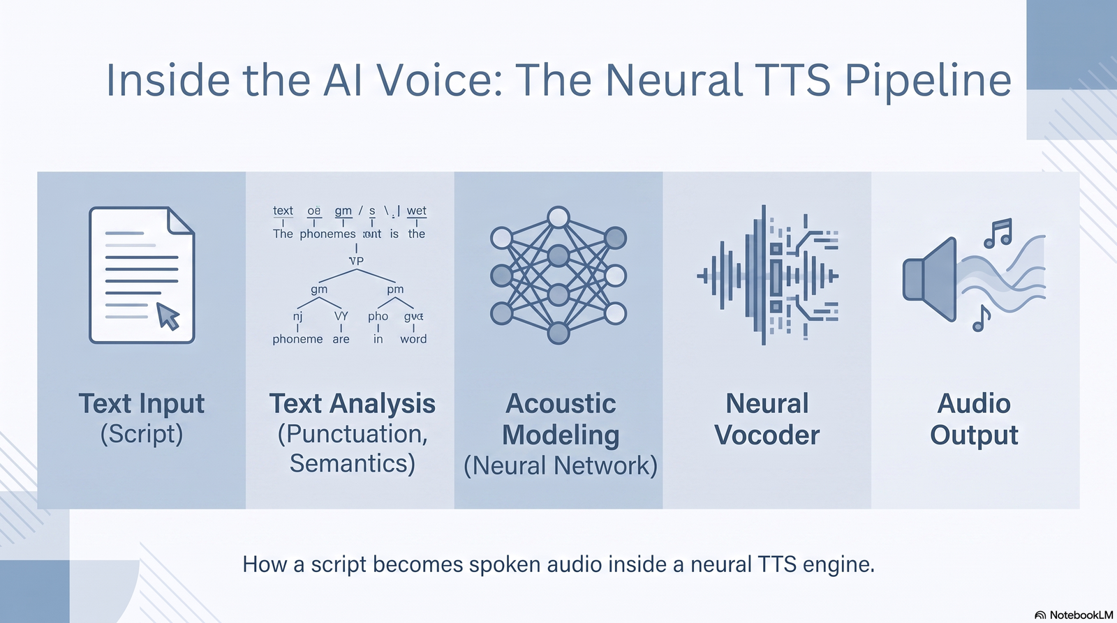 Flowchart showing the three-stage Best AI voice generation pipeline from text input to audio output 