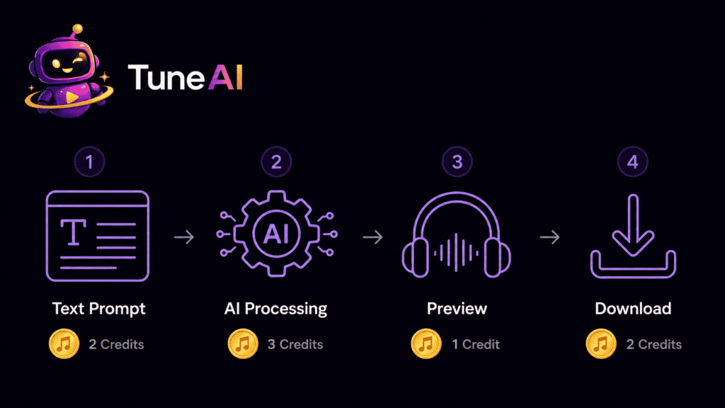 Best Free AI Sound Effects Generator Tools in 2026 (No Watermark, Real Credits) 6 Workflow diagram showing how credits are spent at each step of generating a free AI sound effect