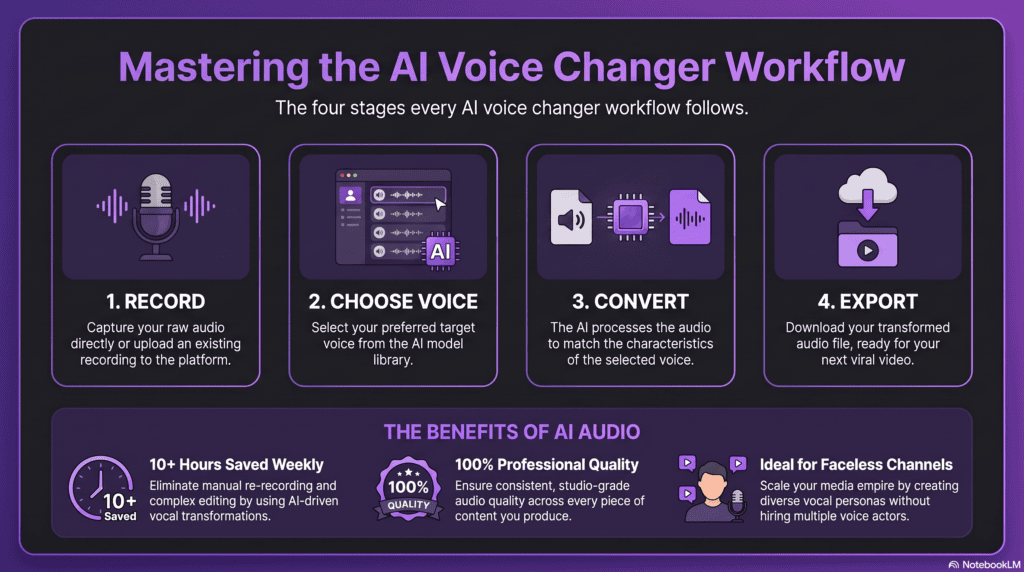 diagram showing the four steps how to change your voice with AI: record, choose target voice, convert, export.