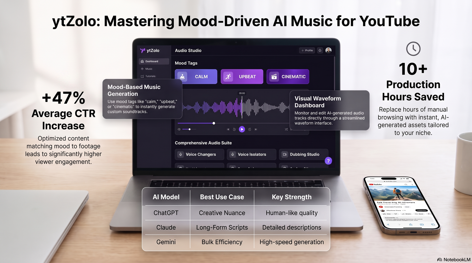 Best AI Music Generators for YouTube Videos in 2026 1 AI music generator for YouTube dashboard shown on a creator's laptop with a phone displaying a video thumbnail