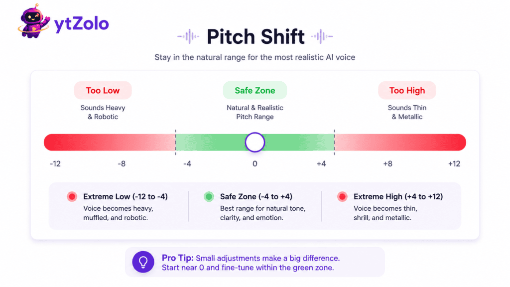 Why Does My AI Voice Sound Robotic? 9 Real Causes and How to Fix Them 2 Pitch shift slider UI showing safe versus extreme pitch adjustment zones.