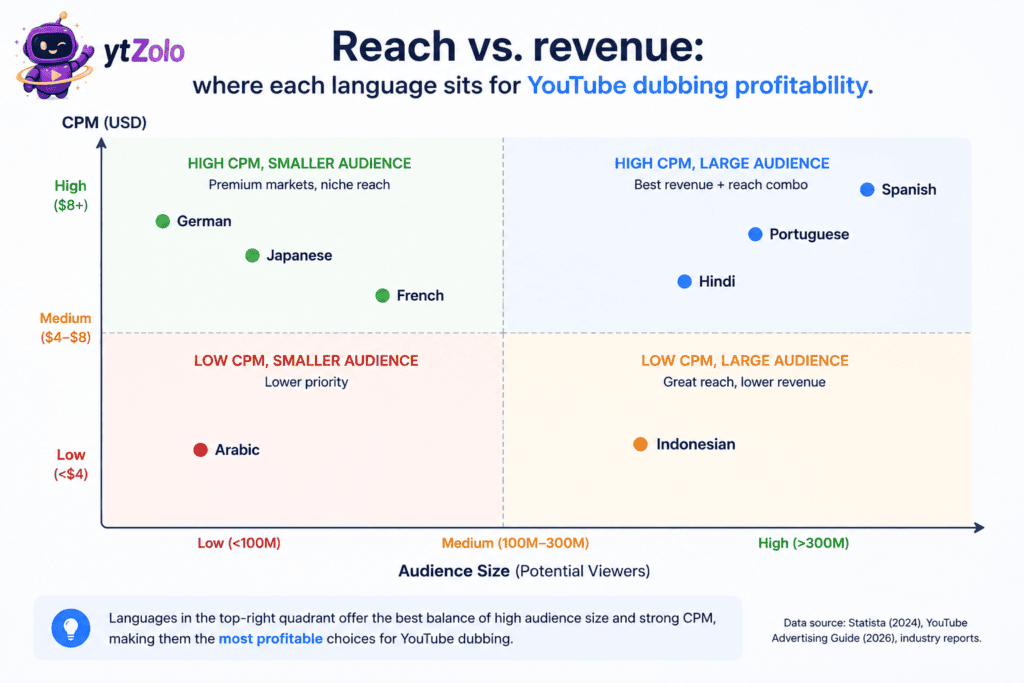 Best Languages to Dub Your YouTube Videos Into (2026 Data-Backed Guide) 3 Quadrant chart plotting the most profitable YouTube dubbing languages by audience size and CPM.