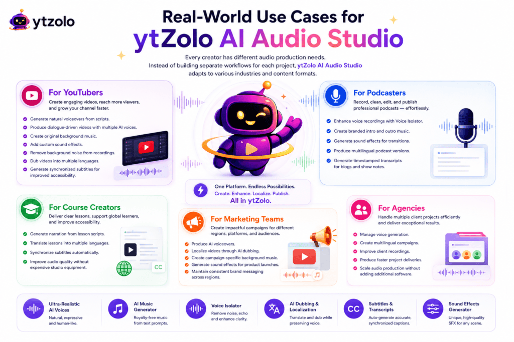 AI Audio Studio by ytZolo: Create Voices, Music, Dubbing, Sound Effects & More in One Platform (2026) 3 Real-World Use Cases for ytZolo AI Audio Studio