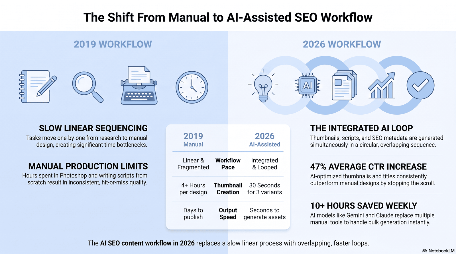 Illustration comparing a slow linear 2019 SEO workflow to a fast, looped AI SEO content workflow in 2026.