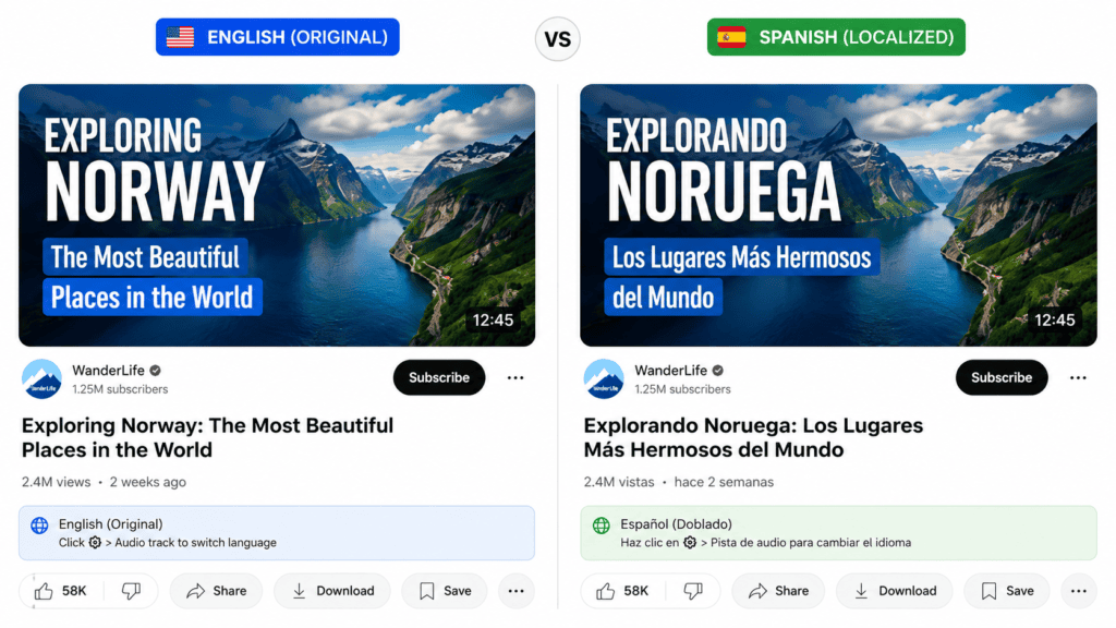 How to Localize YouTube Content for Global Audiences Using AI Dubbing 8 Side-by-side comparison of an English YouTube thumbnail and its localized Spanish version.