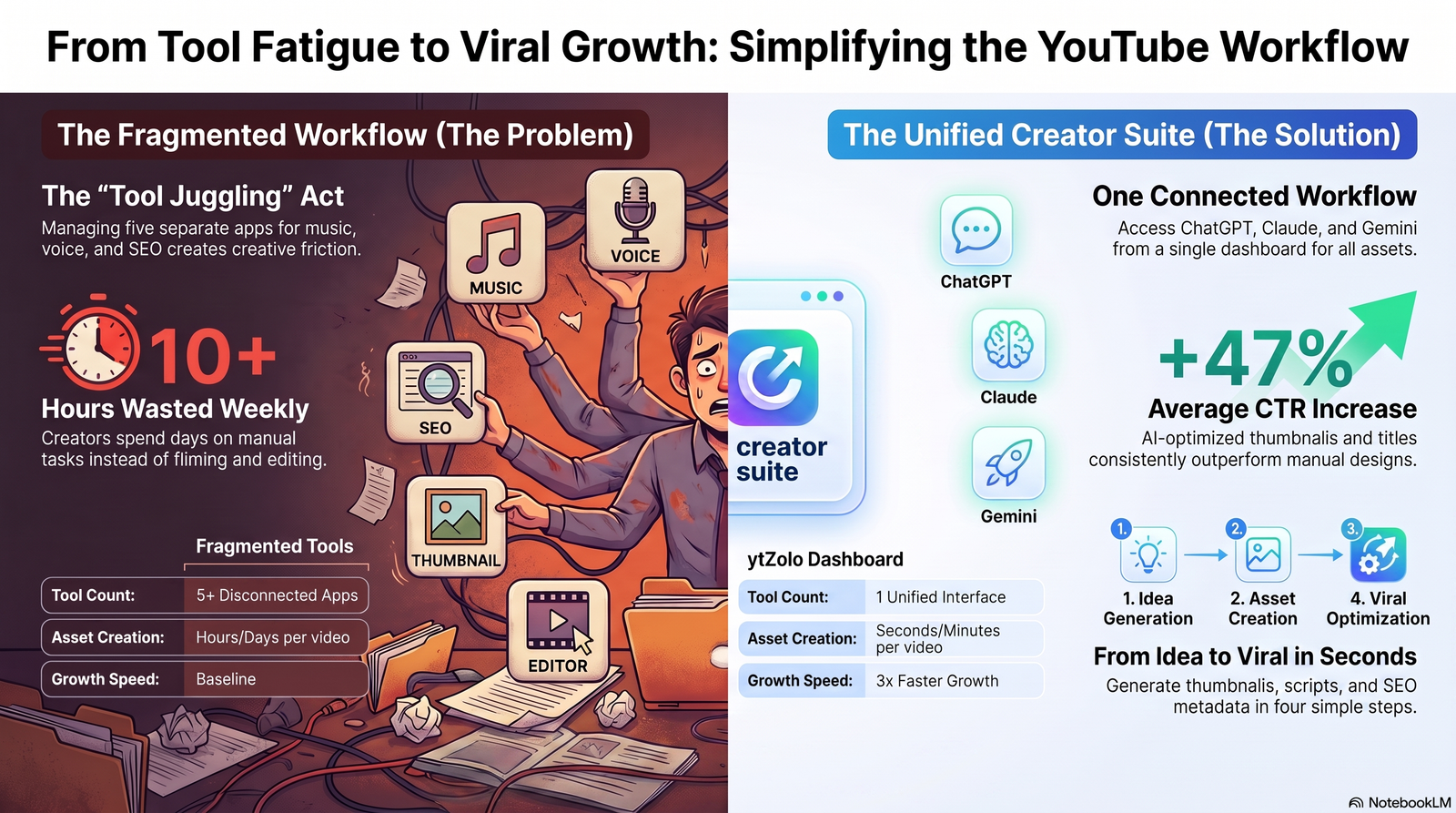 Best AI Music Generators for YouTube Videos in 2026 4 Comparison illustration of multiple separate creator tools versus one unified AI creator dashboard