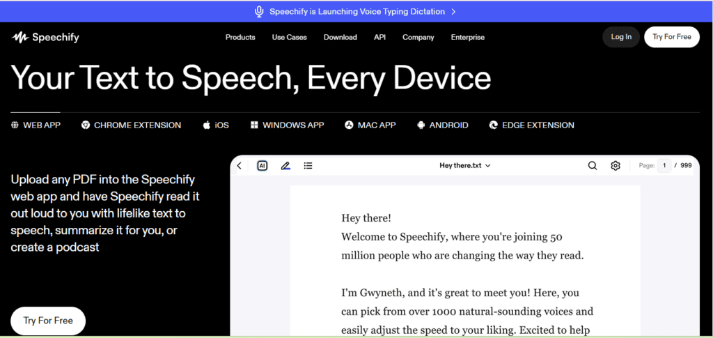 Speechify dashboard