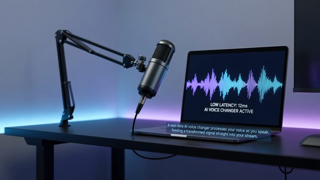 Real-Time AI Voice Changer: How to Change Your Voice Live in 2026 1 Streamer microphone and laptop running a real-time AI voice changer.