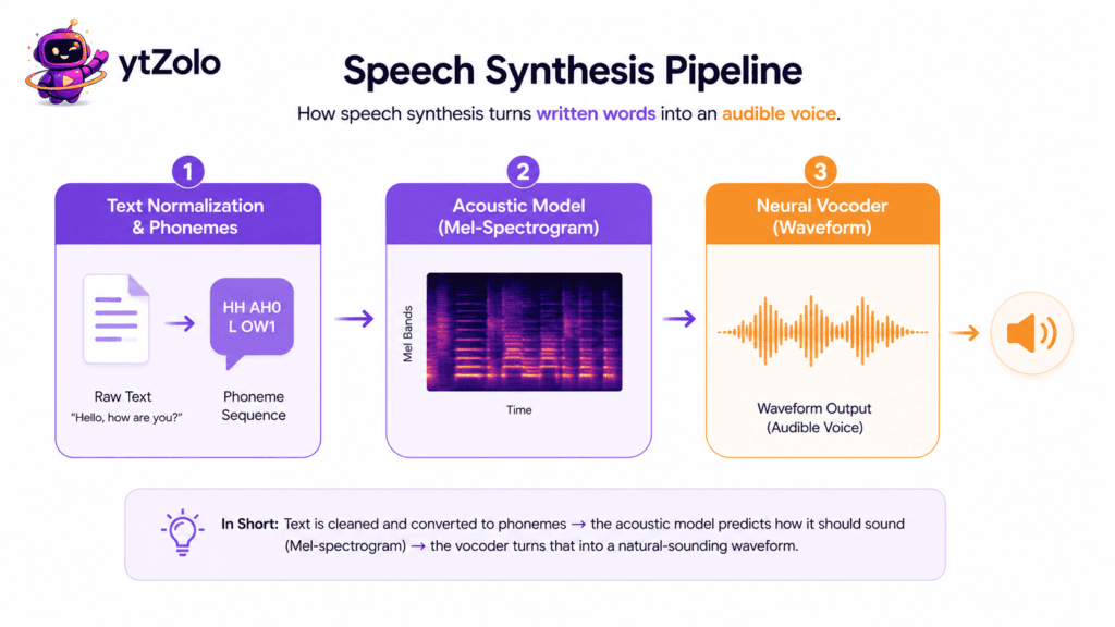 Text-to-speech pipeline diagram showing text normalization, acoustic modeling, and vocoding stages.