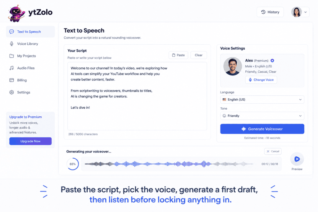 Text-to-speech tool generating a YouTube voiceover from a pasted script