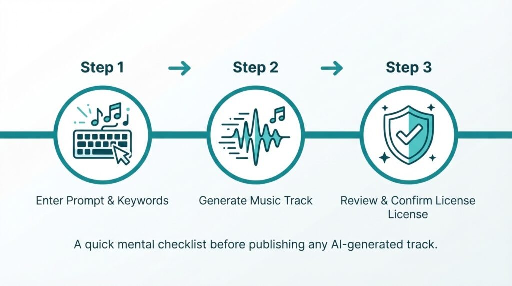 Is AI-Generated Music Copyright Free? A Creator's Guide 6 Three-step timeline showing prompt entry, music generation, and license confirmation for AI music.