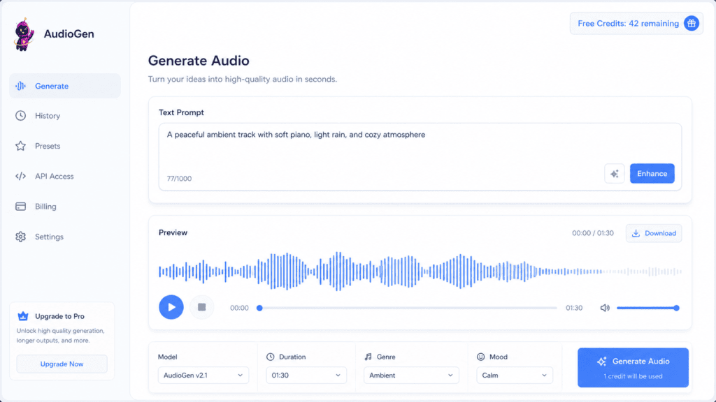 Best Free AI Sound Effects Generator Tools in 2026 (No Watermark, Real Credits) 2 Dashboard mockup showing remaining free credits inside a text-to-SFX tool