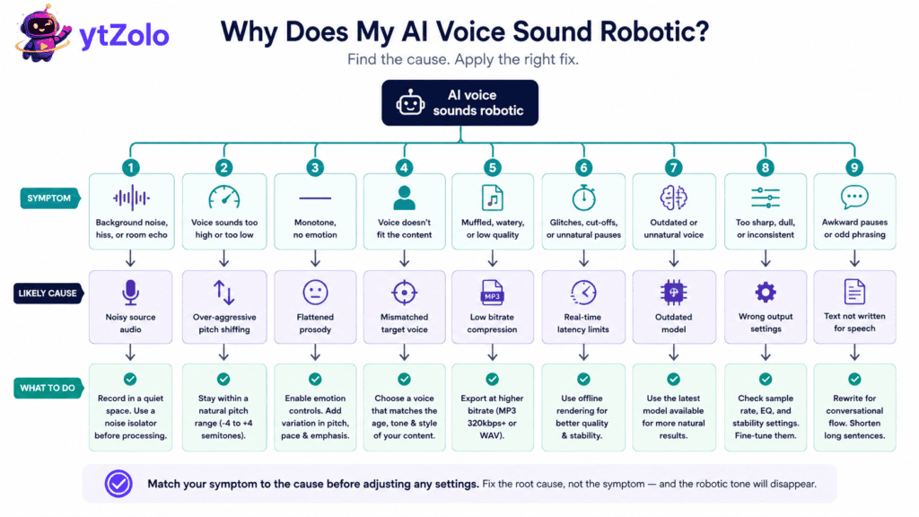 Why Does My AI Voice Sound Robotic? 9 Real Causes and How to Fix Them 3 Troubleshooting flowchart for diagnosing why an AI voice sounds robotic.