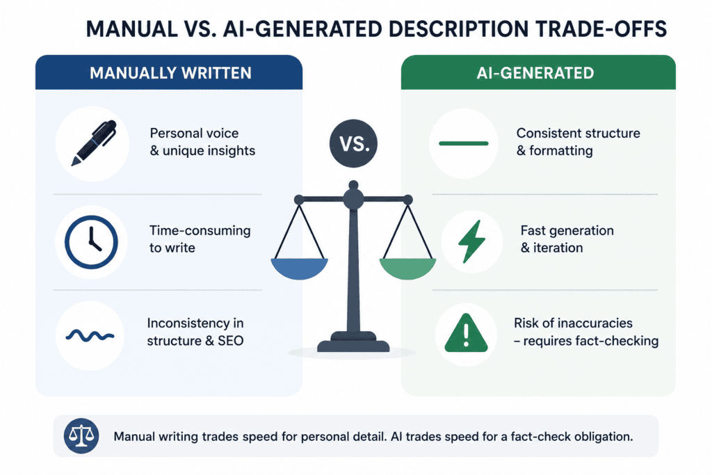 Top YouTube Description Generator Tools 2026: What Actually Works 7 Two-column comparison graphic showing trade-offs between manually written and AI-generated YouTube descriptions.