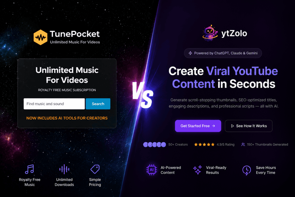 Two labeled icons showing AI script generation versus royalty-free music library