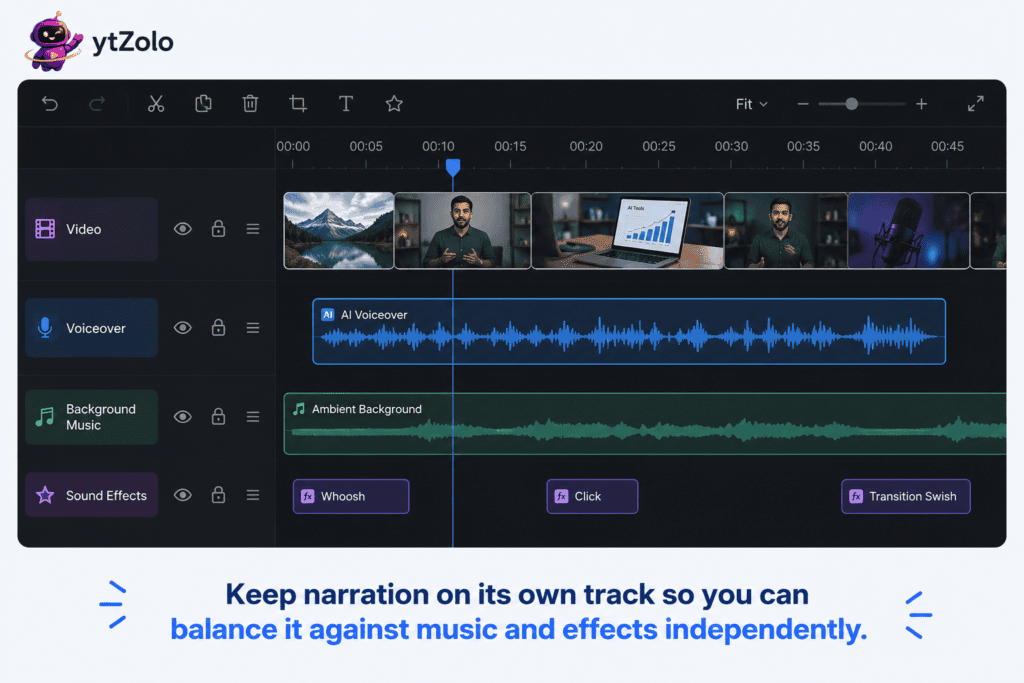 Video editor timeline with AI voiceover track synced to footage