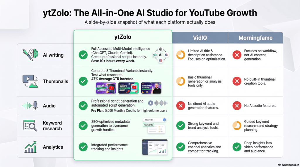 ytZolo vs VidIQ vs Morningfame: The Complete 2026 Comparison 2 Feature comparison table of ytZolo, VidIQ, and Morningfame
