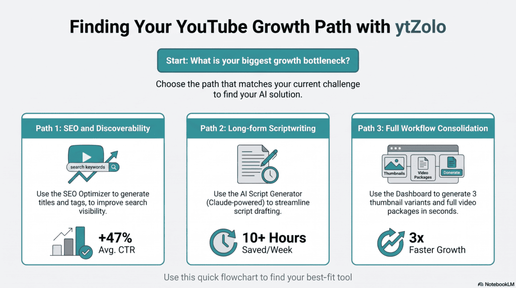 ytZolo vs Subscribr vs VidIQ: The Complete 2026 Comparison 8 Comparison graphic showing YTZolo for all-in-one workflow, Subscribr for scriptwriting, and VidIQ for SEO