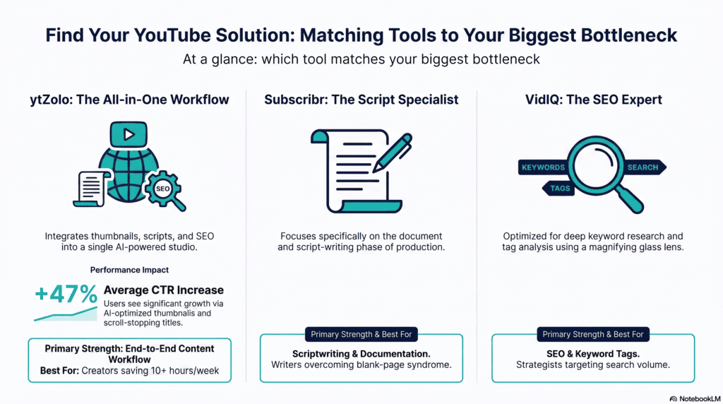 ytZolo vs Subscribr vs VidIQ: The Complete 2026 Comparison 1 Current image: Flowchart helping creators choose between YTZolo, Subscribr, and VidIQ based on their main need