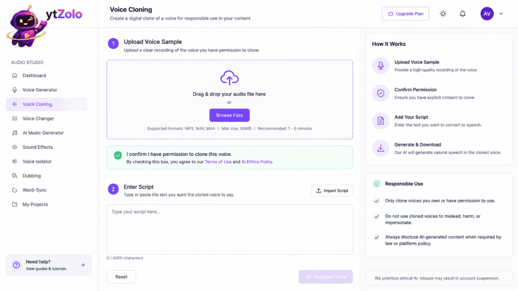 AI Voice Cloning for YouTube Creators: Legal, Ethical & Practical Guide 6 Voice cloning tool interface showing consent confirmation before voice sample upload