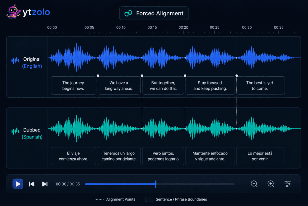 Waveform comparison showing original and dubbed audio tracks aligned by timing markers.