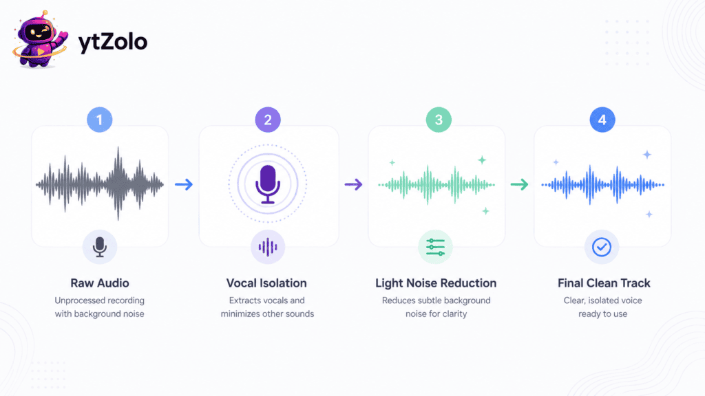 Vocal Isolation vs. Noise Reduction: What's the Difference? 6 Workflow diagram showing vocal isolation followed by noise reduction for cleaner audio