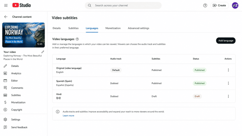 How to Localize YouTube Content for Global Audiences Using AI Dubbing 6 YouTube Studio Languages tab showing multiple dubbed audio tracks added to one video.