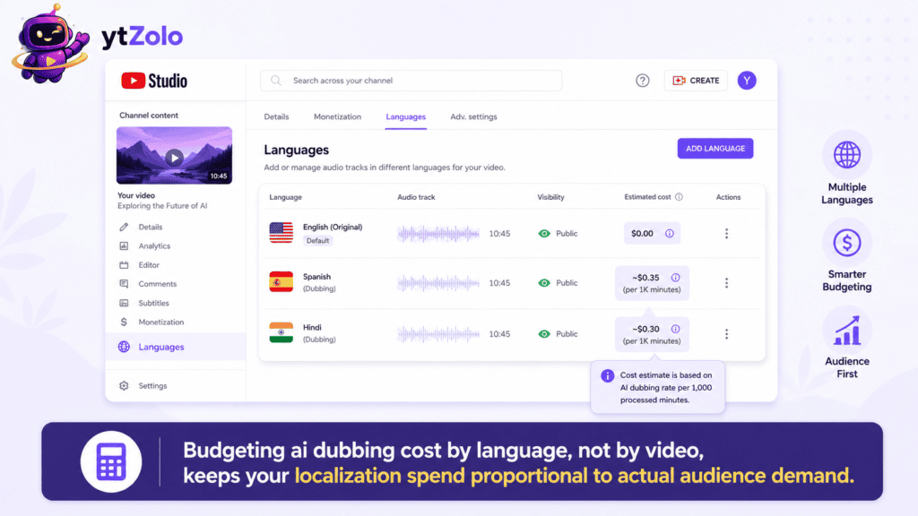 YouTube Studio language settings showing multiple dubbed audio tracks.