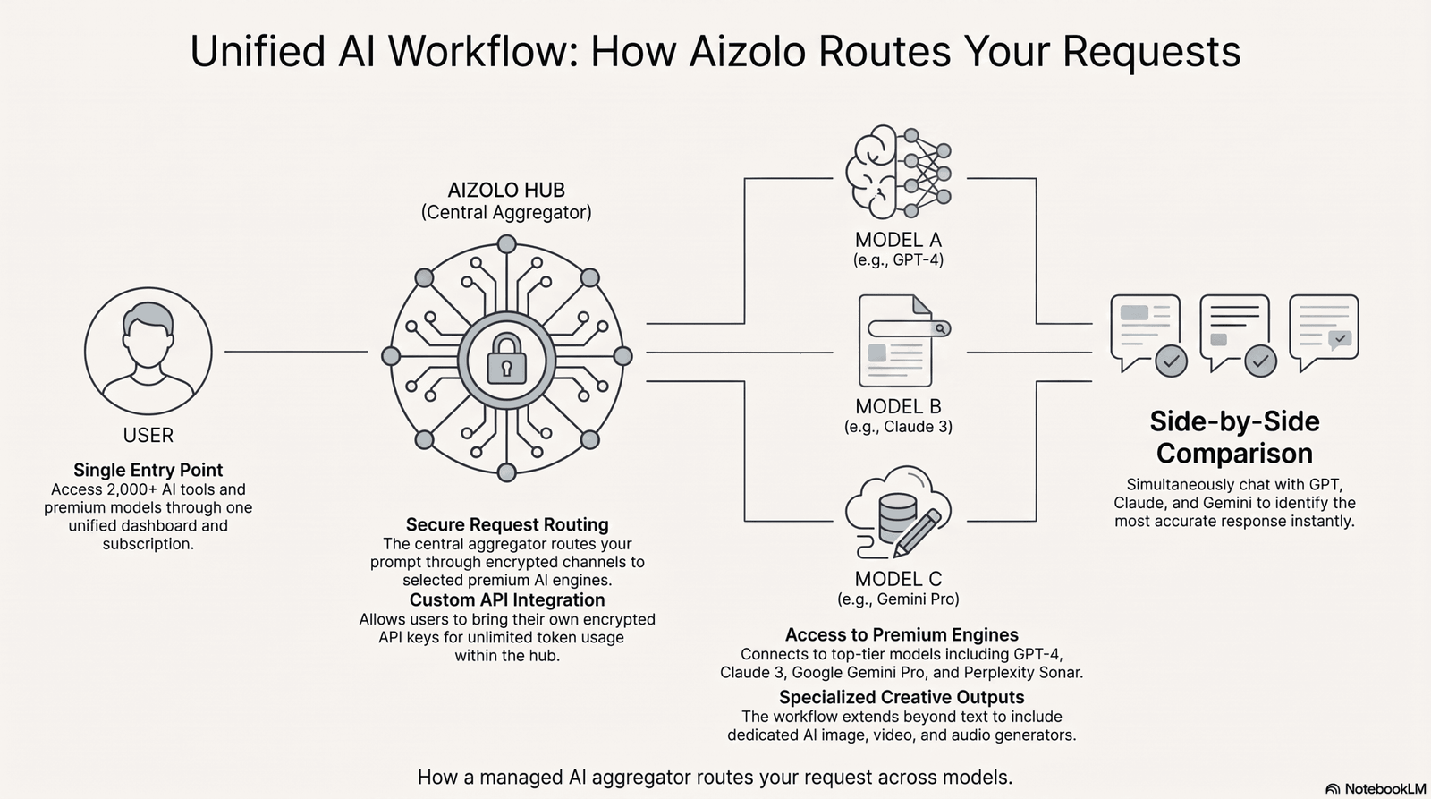  Workflow diagram showing one user connecting through a central platform to multiple AI models