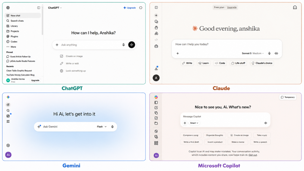 Side-by-side screenshots comparing the chat interfaces of ChatGPT, Claude, Gemini, and Microsoft Copilot