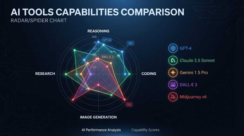 Top AI Tools in 2026: The Complete, Honest Comparison Guide 7 Radar chart comparing top AI tools across key capabilities