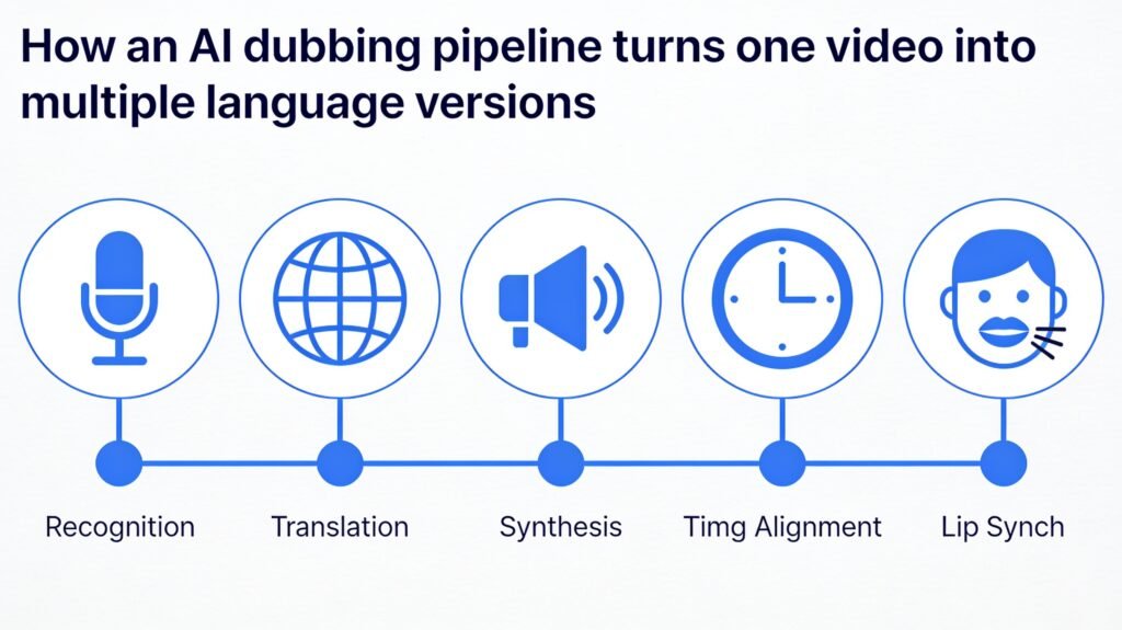 AI Dubbing Software: The Complete 2026 Buyer's Guide 1 Current image: Diagram showing the AI dubbing workflow from speech recognition to lip sync