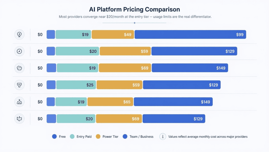 AI Comparison 2026: ChatGPT vs Claude vs Gemini vs Perplexity vs DeepSeek vs Grok 7 Bar chart comparing free, entry, power-tier, and business pricing across major AI platforms