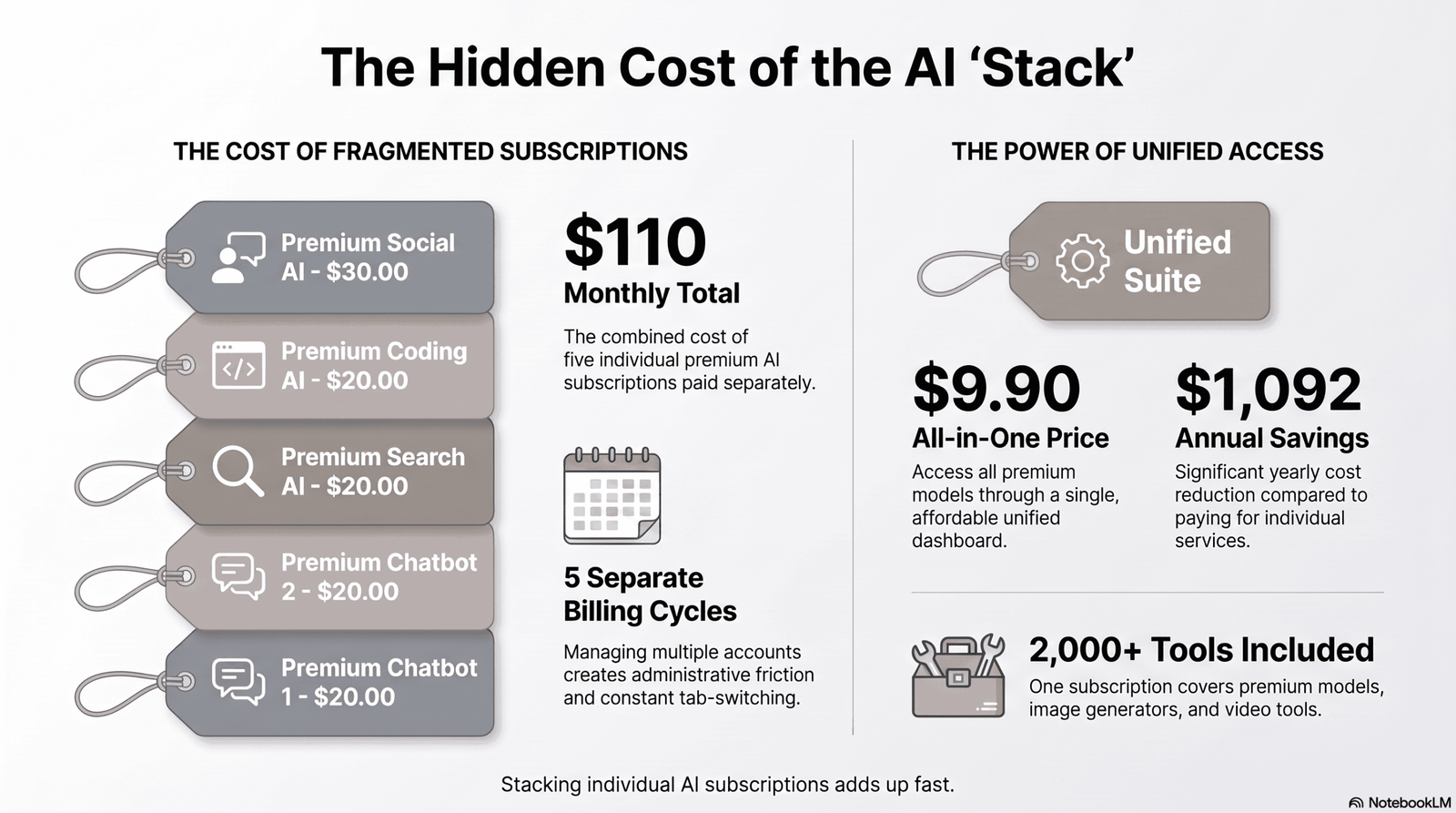 Infographic comparing the cost of five separate AI subscriptions versus one combined plan