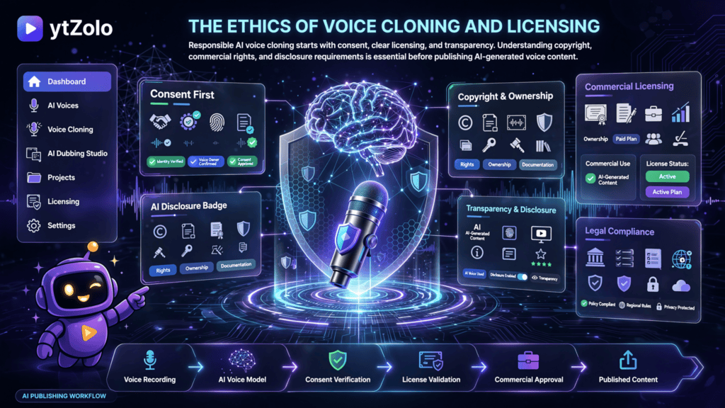 Infographic illustrating the ethics of AI voice cloning and licensing, highlighting user consent, copyright, commercial licensing, transparency, legal compliance, and responsible AI voice usage.