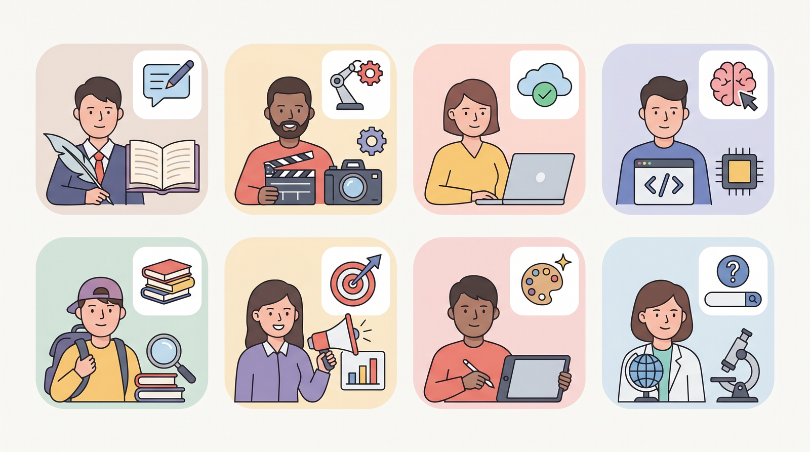 Illustration of different professional roles each paired with relevant AI tool icons