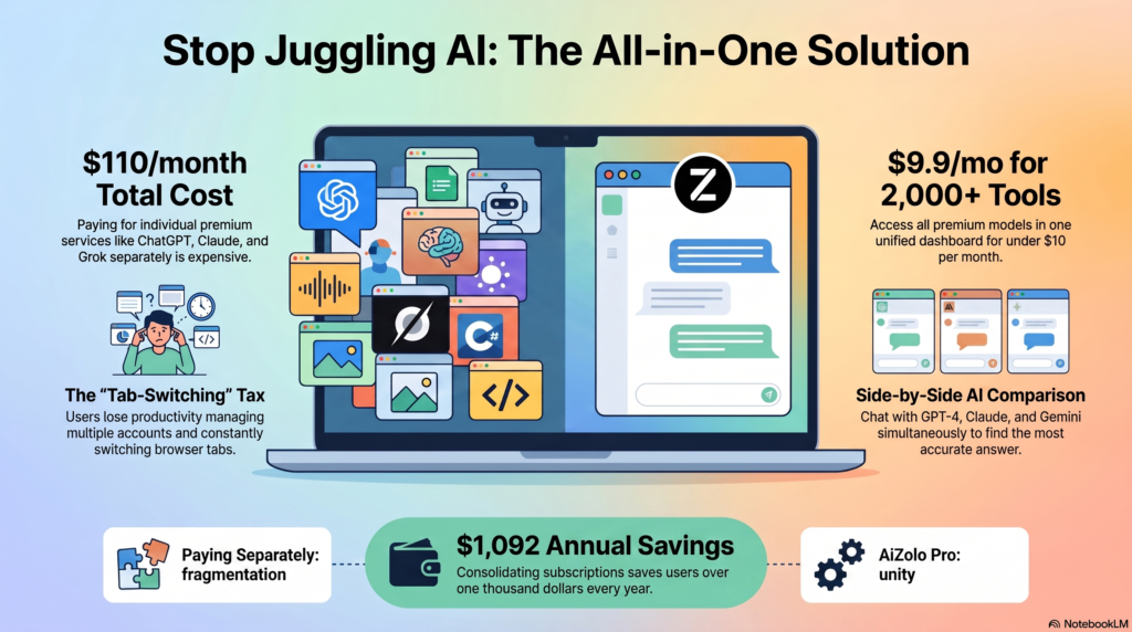 Current image: Illustration showing multiple AI tool icons consolidating into one website dashboard