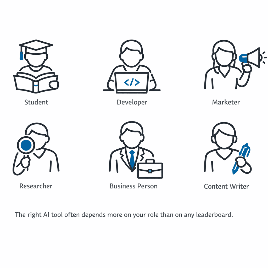 AI Comparison 2026: ChatGPT vs Claude vs Gemini vs Perplexity vs DeepSeek vs Grok 6 Icon grid representing best AI tools by use case: students, coding, writing, marketing, research, business