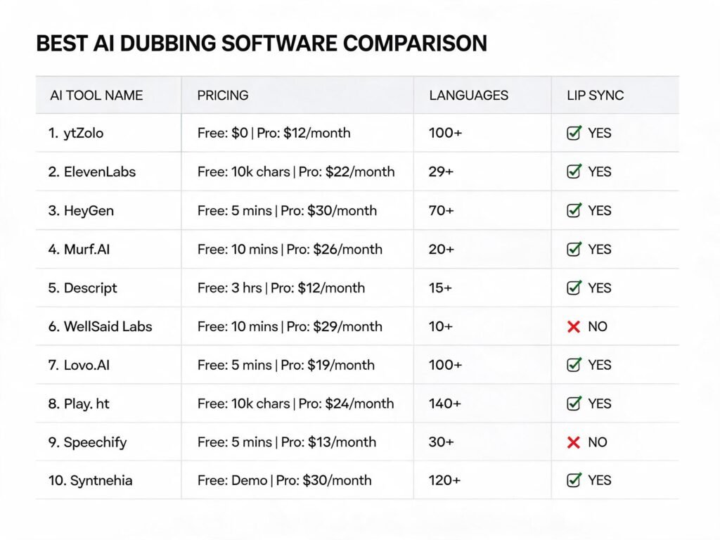 AI Dubbing Software: The Complete 2026 Buyer's Guide 3 Comparison table of best AI dubbing software including ytZolo, ElevenLabs, HeyGen, and others