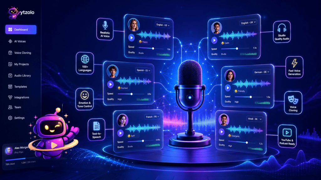 Modern comparison of the best AI voice generators in 2026 featuring realistic AI voices, waveform visualization, multilingual speech synthesis, and professional voice cloning technology.