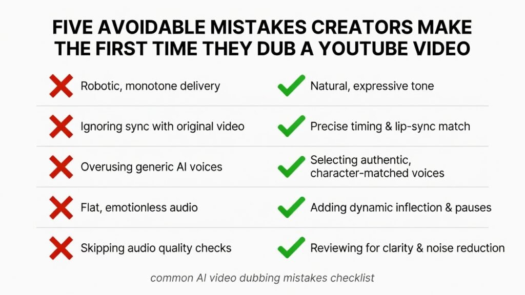 How to Dub a YouTube Video into Multiple Languages Using AI (Step-by-Step) 8 common AI video dubbing mistakes checklist