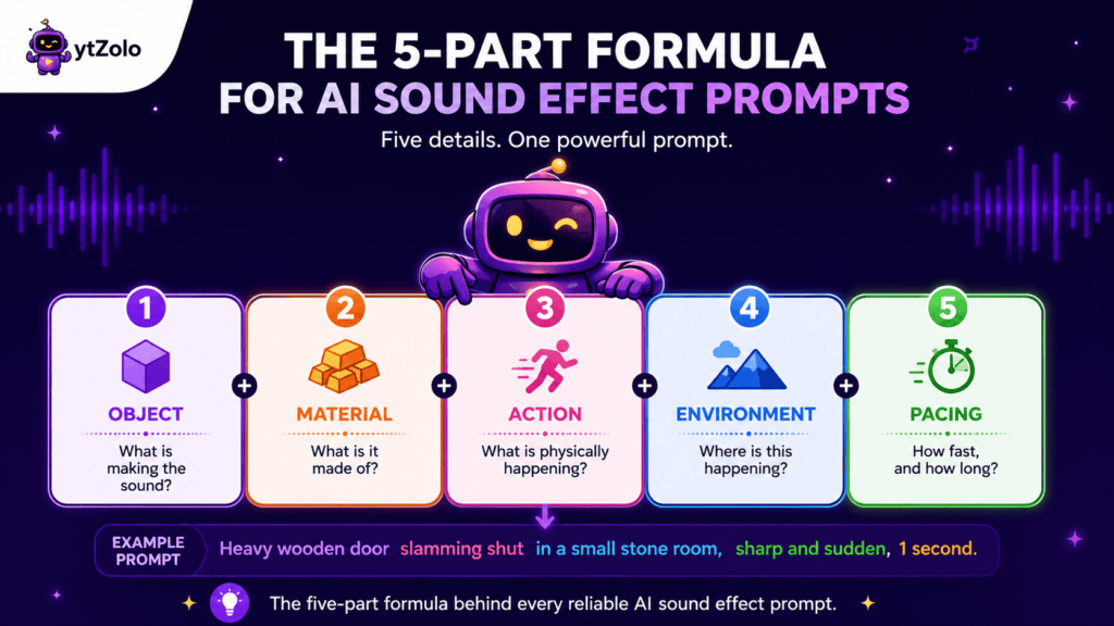 five part formula for ai sound effect prompts infographic