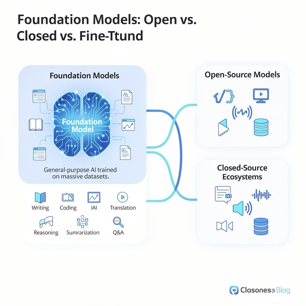 AI Models Explained: The Complete 2026 Guide to Every Type 4 Infographic showing how a foundation model branches into open-source and closed-source AI models before being fine-tuned into specialized models for healthcare, finance, legal, education, customer support, and cybersecurity.