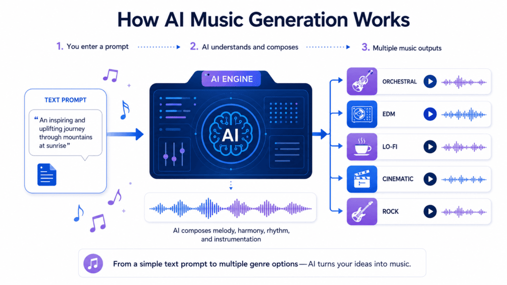 Best AI Music Generator in 2026: 11 Tools Tested Hands-On 1 Diagram explaining how an AI music generator creates music from a text prompt.