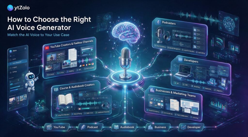 Decision-making infographic showing how to choose the right AI voice generator based on use cases including YouTube creators, podcasters, audiobook creators, businesses, and developers.