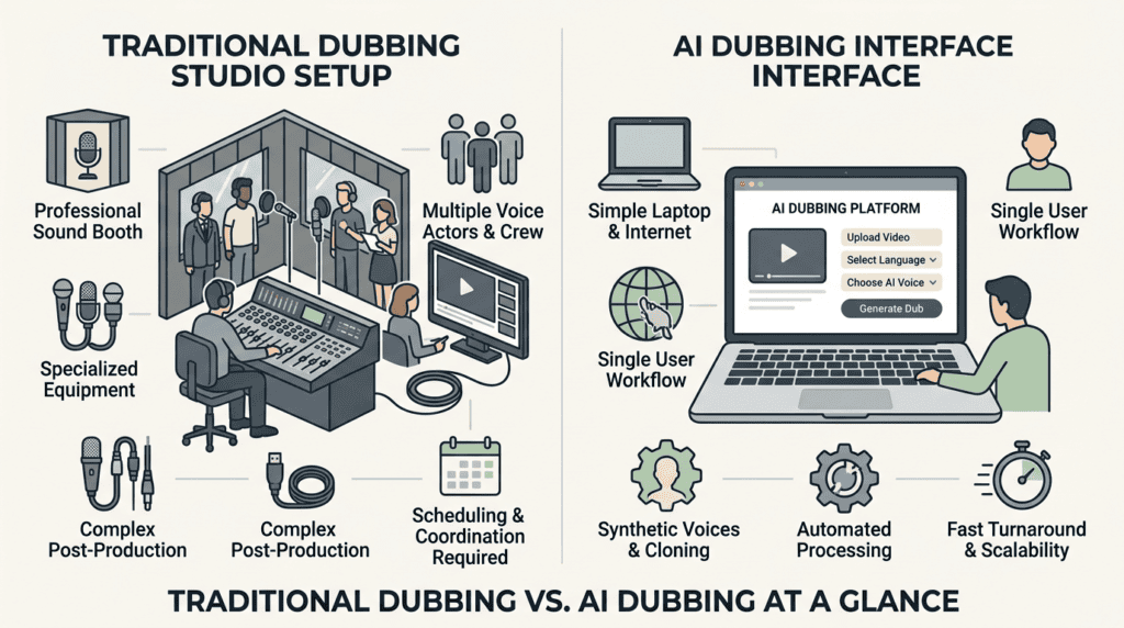 AI Dubbing Software: The Complete 2026 Buyer's Guide 2 Visual comparison of traditional dubbing studio process versus AI dubbing software