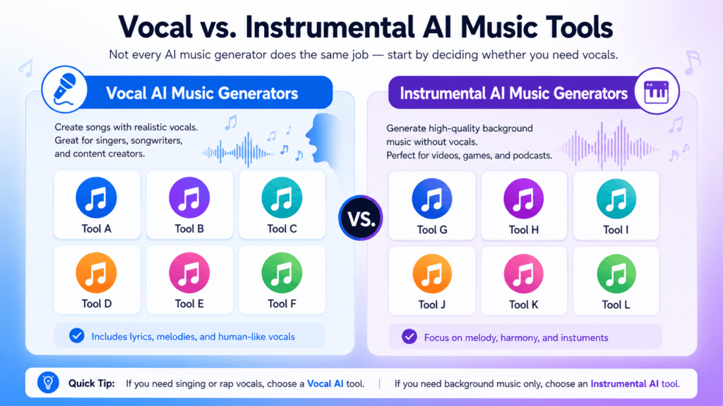 Best AI Music Generator in 2026: 11 Tools Tested Hands-On 7 Infographic comparing vocal AI music generators to instrumental AI music generators