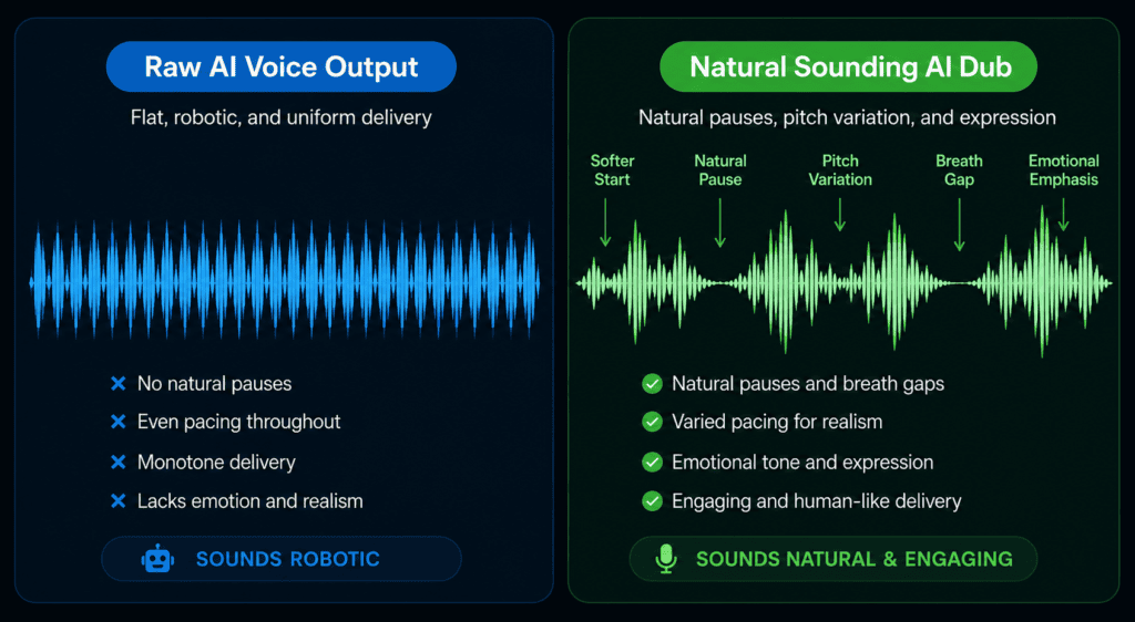 waveform comparison showing natural sounding ai dubbing versus robotic ai voice